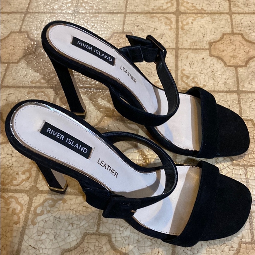 River Island Black Size 9 Leather Kitten Heels Summer Wedding Guest Office